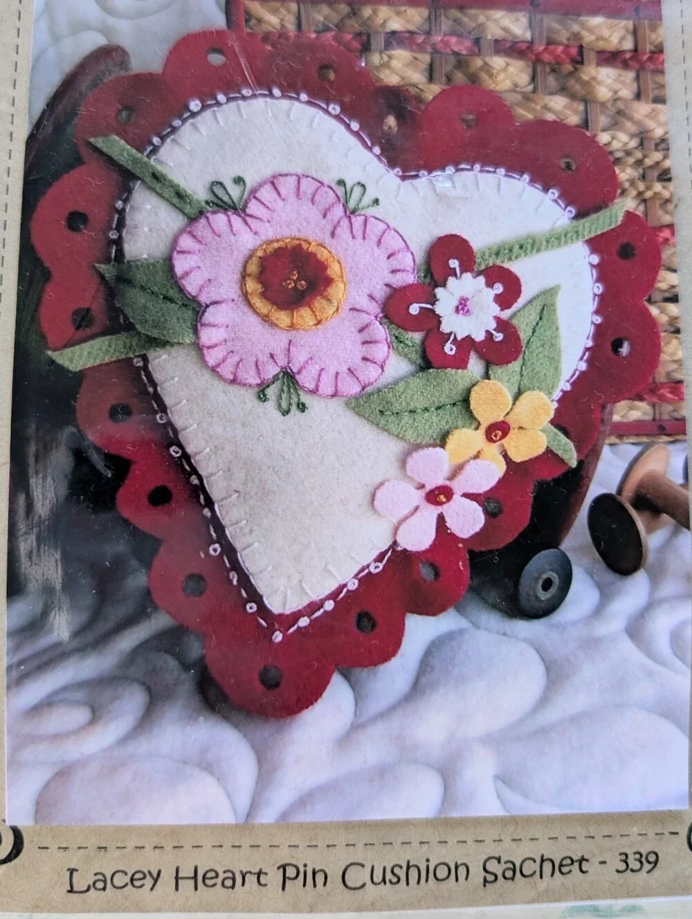 Bird Brain Designs Lacey Heart Pin Cushion Sachet Kit NEW Primitive Felt Floral